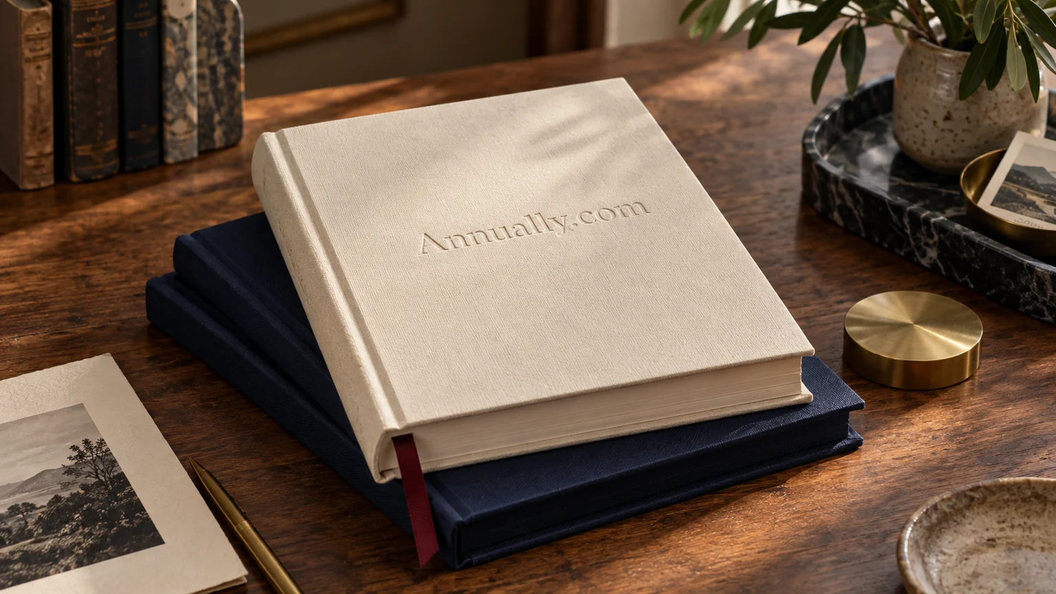 Annual reporting materials gathered around an Annually.com folder